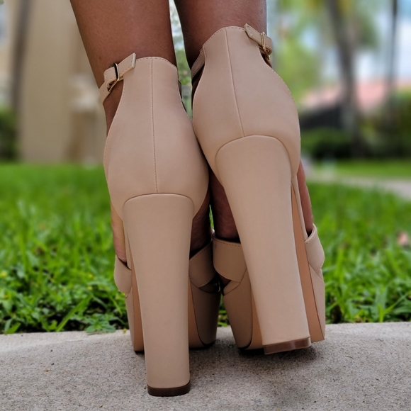 Nude High Chunky Heel Platform Ankle Strap Pump - Picture 5 of 6